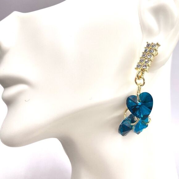 Gold Rhinestone Inlaid Heart Sterling Silver Post Drop Earrings - Picture 3 of 4